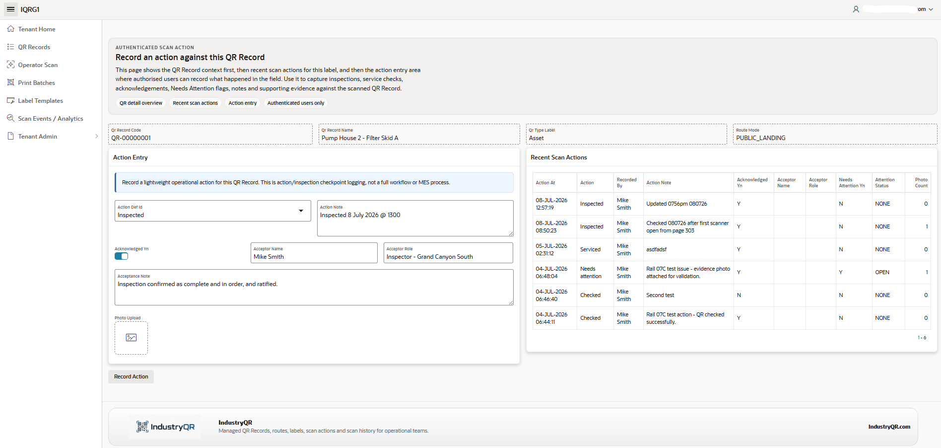 IndustryQR authenticated scan action capture example